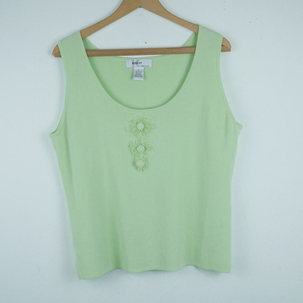 Vintage XL Tank Top Pastel Green‎ Floral Preppy Y2K 90s Soft Girl Wide Strap